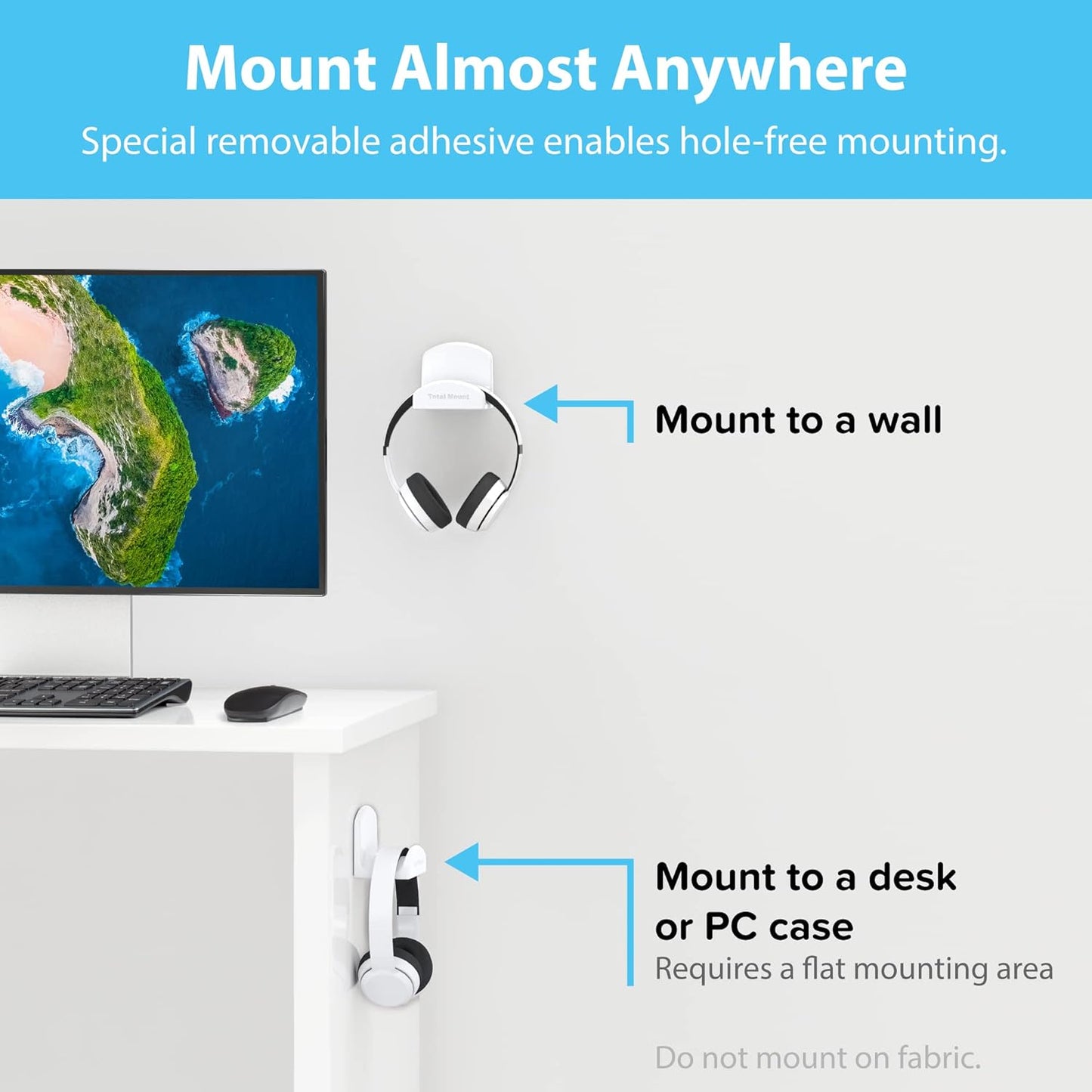 Headphone Hanger – Includes Removable Adhesive Strips for Easy, Damage-Free Wall, Desk, or PC Mounting (Premium White Headphone Hook – One Pack)